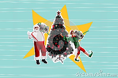 Composite collage image of funny santa claus elf helper boom box dancing dj christmas new year tree have fun party promo Stock Photo