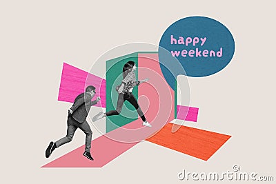Composite collage image of funny two people man female running open door office worker celebrate friday happy weekend Stock Photo