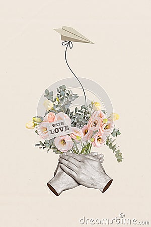 Composite collage image of hands hold bouquet roses paper plane with love message dating couple freak bizarre unusual Stock Photo