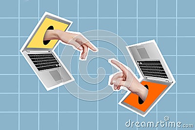 Composite collage image of two arms fingers reach touch each other two laptops displays isolated on checkered background Stock Photo