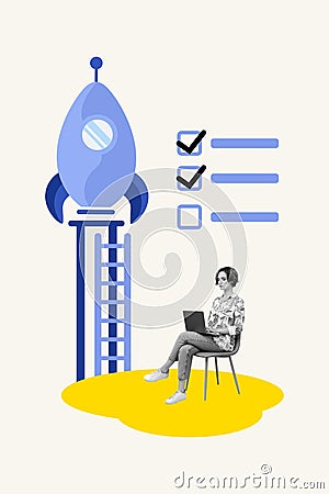 Composite collage image of young businesswoman sit chair working remotely computer checkmark rocket startup surrealism Stock Photo