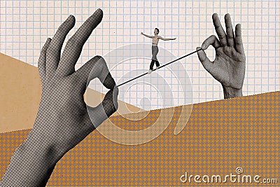 Composite collage image of young female walk tightrope wire hands hold risk taker circus workaholic balance magazine Stock Photo