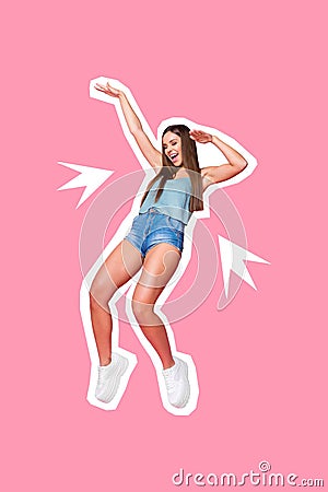 Composite collage photo of young excited energetic dancer woman wear summer outfit hands up celebrate shopping season Stock Photo