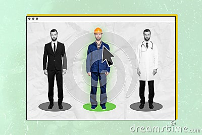 Composite collage photo of young handyman architecture worker builder click arrow website choose future career vacancy Stock Photo