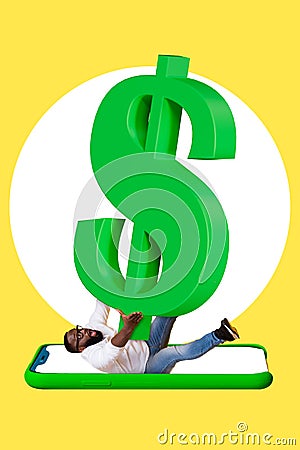 Composite collage photo of young startup economics finance manager businessman fall down display hold dollar symbol Stock Photo