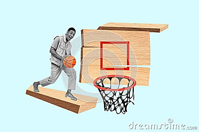 Composite collage picture of excited black white effect mini guy hold basketball wooden shield isolated on creative Stock Photo