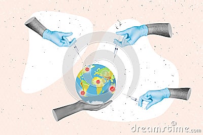 Composite collage picture image of doctor hands sterile gloves hold syringe injection vaccination planet global world Stock Photo
