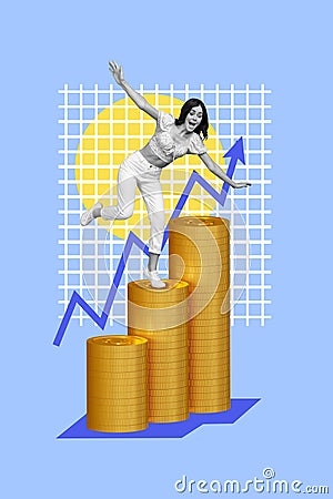 Composite collage picture image of excited surprised amazed falling woman arrow upstairs climb money management Stock Photo