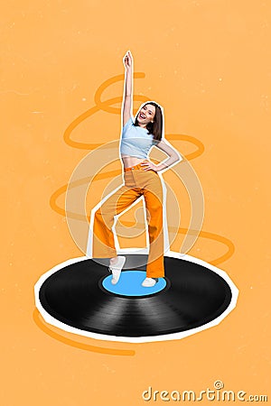 Composite collage picture image of happy funky young attractive woman point up disco move vinyl recorder music lover Stock Photo