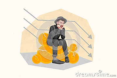 Composite collage picture of miserable person sit pile stack broken coins drawing arrows down isolated on painted Stock Photo