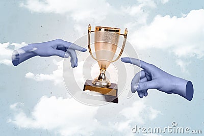 Composite collage picture of two blue human arms fingers reach touch award cup isolated on creative clouds sky Stock Photo