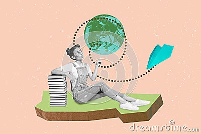 Composite collage portrait of black white gamma girl pile stack book point finger mini planet earth globe flying paper Stock Photo