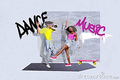 Composite collage portrait of two overjoyed positive people listen boombox music dance skateboard isolated on painted Stock Photo