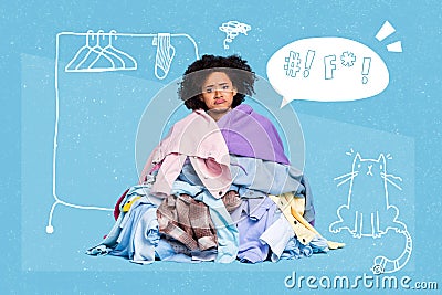 Composite collage of unsatisfied moody girl sitting pile stack clothes mess think isolated on drawing background Stock Photo