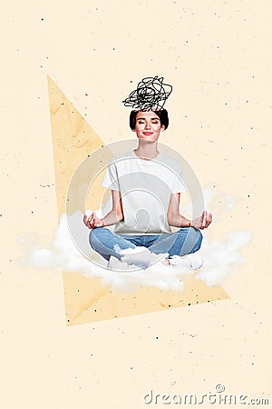 Composite collage of young smart woman relax sitting practice meditation brainstorming focused brainstorm isolated on Stock Photo