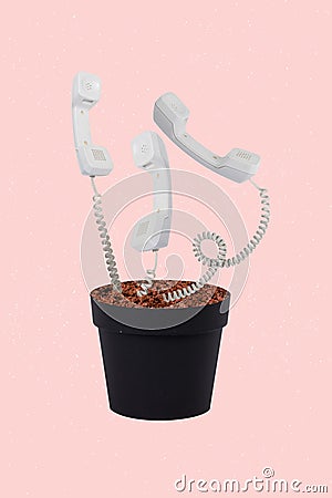 Composite creative artwork absurd collage photo of white old vintage cable telecommunication service phone flower pot Stock Photo