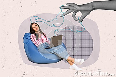 Composite creative photo collage of hand control thoughts of minded dreamy woman sit with laptop thinking on Stock Photo