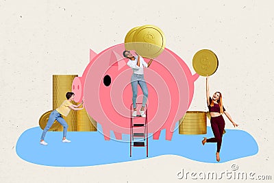 Composite creative photo collage piggy bank salary savings girls collect golden dollars coins investment funds isolated Stock Photo