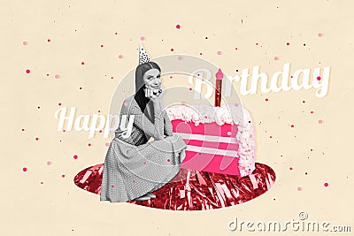 Composite creative photo collage of satisfied nice woman celebrate her birthday near large piece of cake isolated on Stock Photo