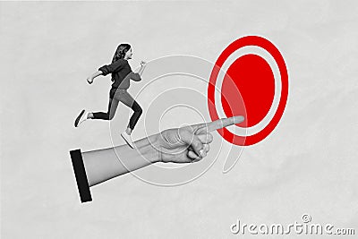 Composite creative photo illustration 3d collage of good mood ecstatic woman run on hand to target isolated on gray Cartoon Illustration