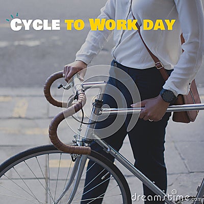 Composite of cycle to work day text and midsection of caucasian businessman with bicycle on street Stock Photo
