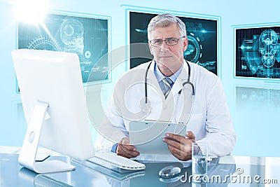 Composite 3d image of portrait of confident male doctor sitting at computer desk Stock Photo