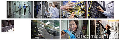 Composite of eight images with processors and technicians in tech room maintaining computer servers Stock Photo