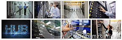 Composite of eight images with processors and technicians in tech room maintaining computer servers Stock Photo