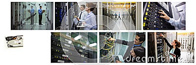 Composite of eight images with processors and technicians in tech room maintaining computer servers Stock Photo