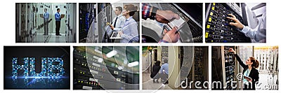 Composite of eight images with processors and technicians in tech room maintaining computer servers Stock Photo