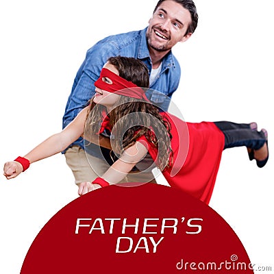 Composite of father's day text and caucasian father flying daughter wearing superwoman costume Stock Photo