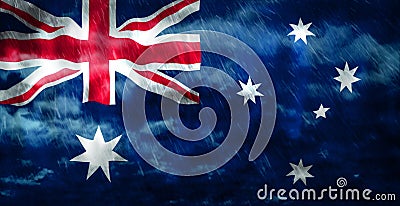 Composite of Flag of Australia and rain clouds. Symbolizing heavy rains, storms, hurricanes and other bad weather in the country. Cartoon Illustration