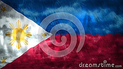 Composite of Flag of Philippines and rain clouds. Symbolizing heavy rains, storms, typhoons and other bad weather in the country. Cartoon Illustration