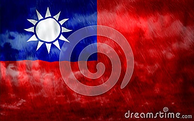 Composite of Flag of Taiwan and rain clouds. Symbolizing heavy rains, storms, typhoons and other bad weather in the country. Cartoon Illustration