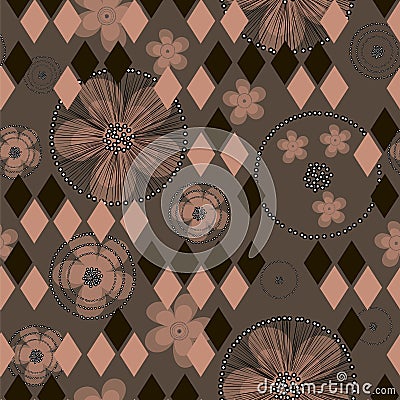 Hand drawn abstract buttercup flowers and rhombuses on brown background. Vector Illustration