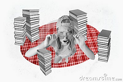 Composite graphics collage image of indignant dissatisfied girl pile book literature bookworm homework reading plaid mat Stock Photo