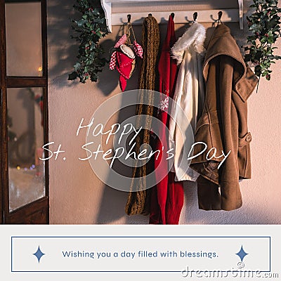 Composite of happy st stephen\'s day text over warm clothing hanging on hook at home Stock Photo