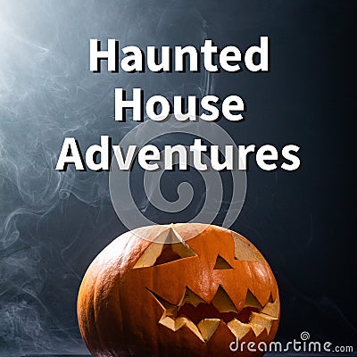 Composite of haunted house adventures text and halloween pumpkin on grey background Stock Photo