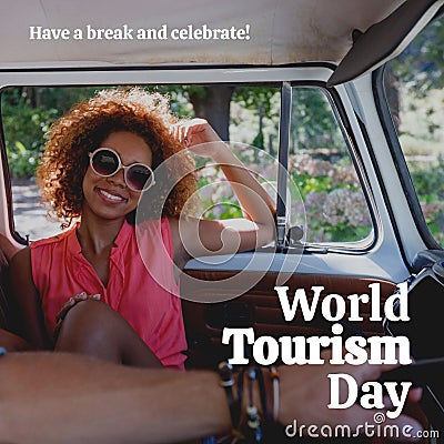 Composite of have a break and celebrate world tourism day text over biracial woman in car Stock Photo