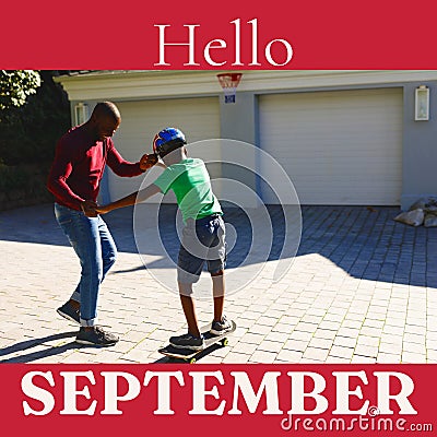 Composite of hello september text over african american father with son in garden Stock Photo