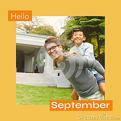 Composite of hello september text over asian father and son in garden Stock Photo