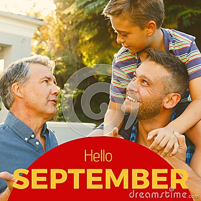 Composite of hello september text over caucasian father, son and grandson in garden Stock Photo