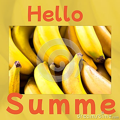 Composite of hello summe text and close-up of fresh bananas for sale at market, copy space Stock Photo