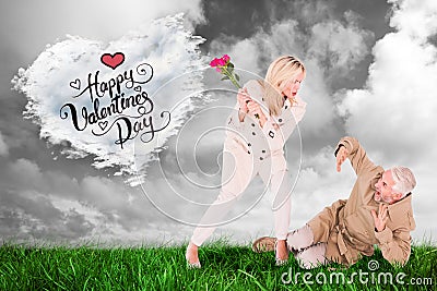 Composite image of angry woman attacking partner with rose bouquet Stock Photo