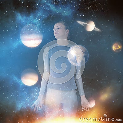 Composite image of beautiful woman meditating 3d Stock Photo