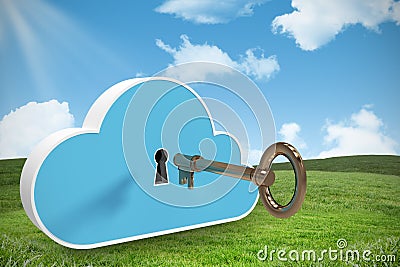 Composite image of blue locker in cloud shape with key 3d Stock Photo