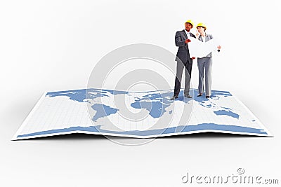 Composite image of business people wearing hard hats are discussing Stock Photo