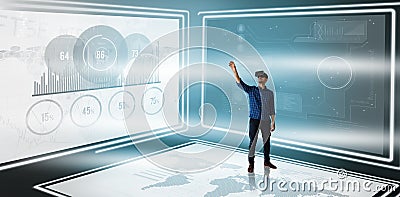 Composite image of businessman gesturing while looking though virtual reality simulator Stock Photo