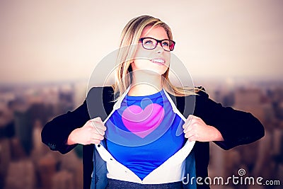 Composite image of businesswoman opening her shirt superhero style Stock Photo