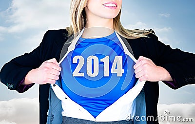 Composite image of businesswoman opening her shirt superhero style Stock Photo